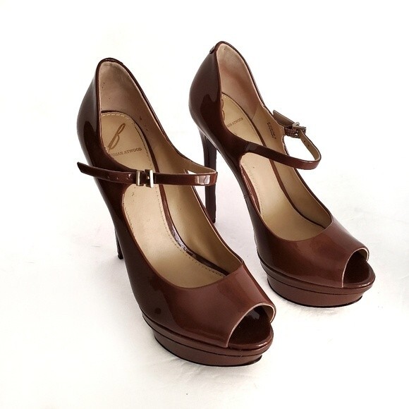 Brian Atwood Bambola Brown Peep Toe Patent Leather Platform Heels size 6.5 - Picture 2 of 13